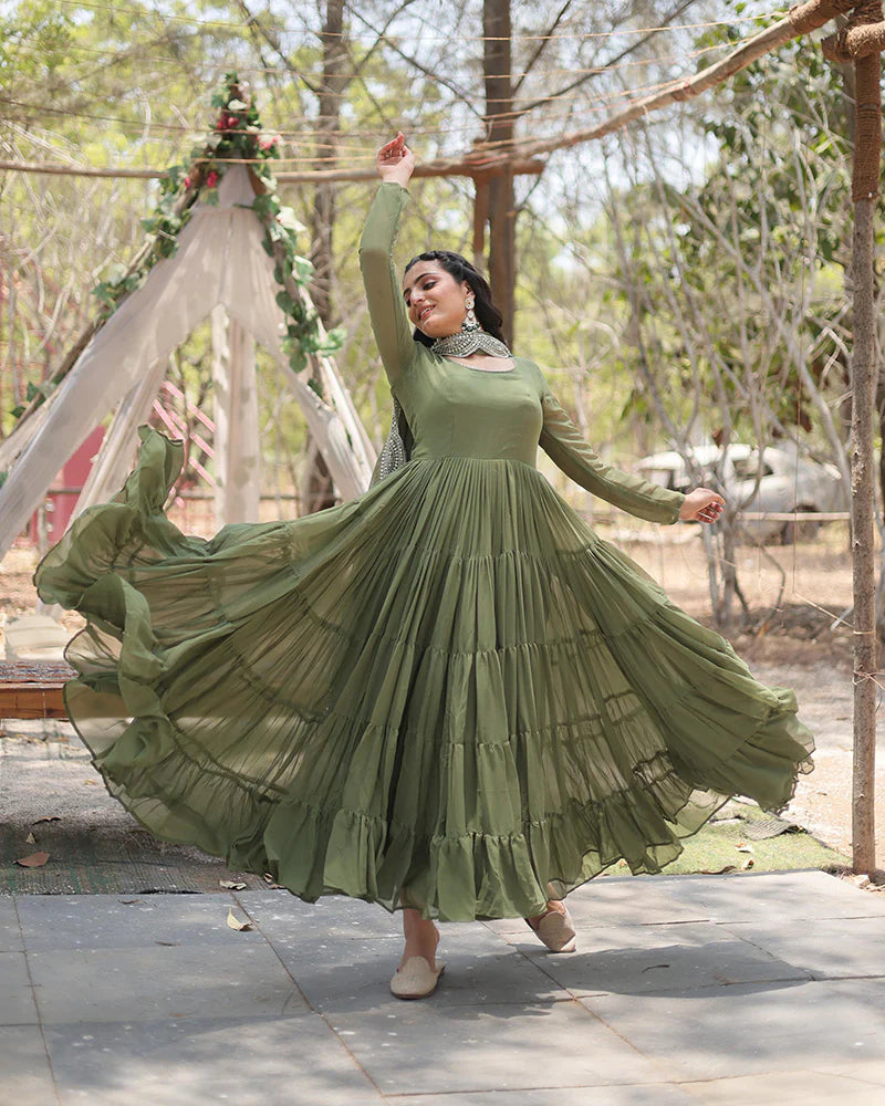 Womenline Mehndi Color Designer Embroidered Gown With Dupatta