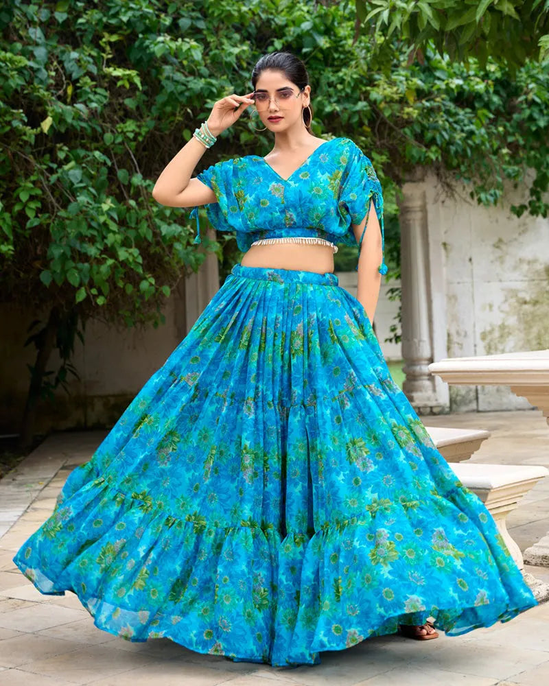 Womenline Sky Blue Color Chiffon Printed Crop Top Lehenga Choli