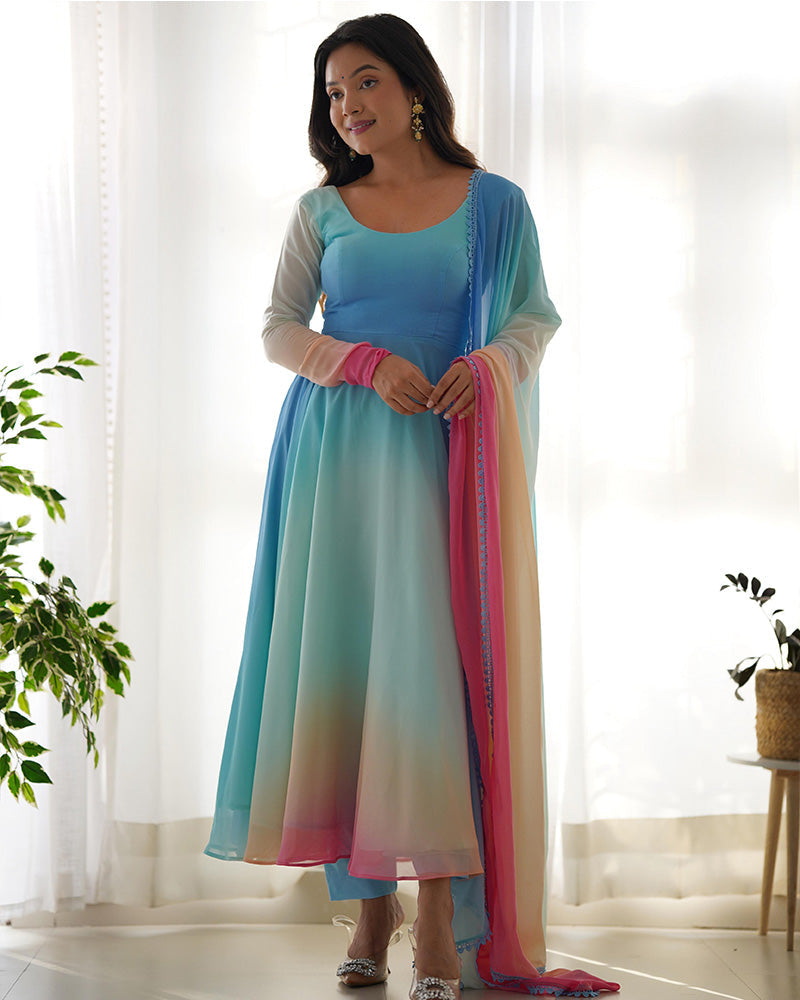 womenline Beautiful Multi Color Fully Flair Georgette Three Piece Anarkali Suit