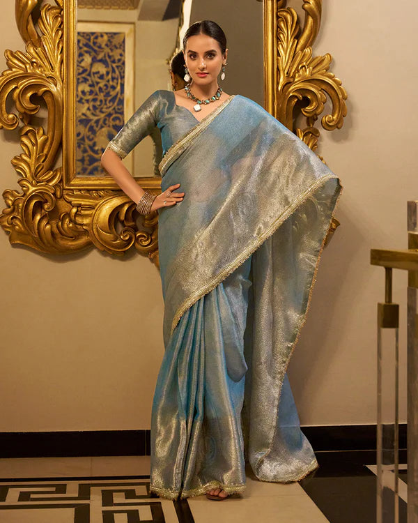 Womenline Sky Blue Color Weightless Tissue Shimmer Saree