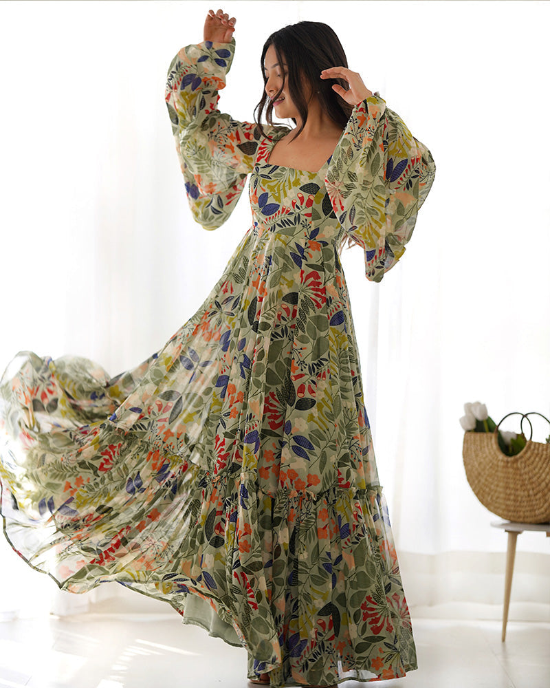 Womenline Maxi Style Pista Color Faux Georgette Gown With Balloon Sleeves