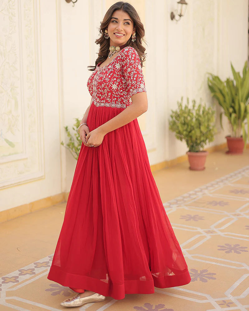 Womenline Red Color Faux Blooming Zari sequence Embroidered Gown