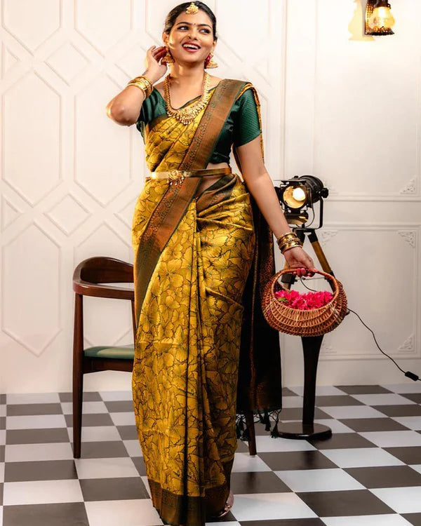 Womenline Yellow Color Banarasi Jacquard Soft Silk Saree