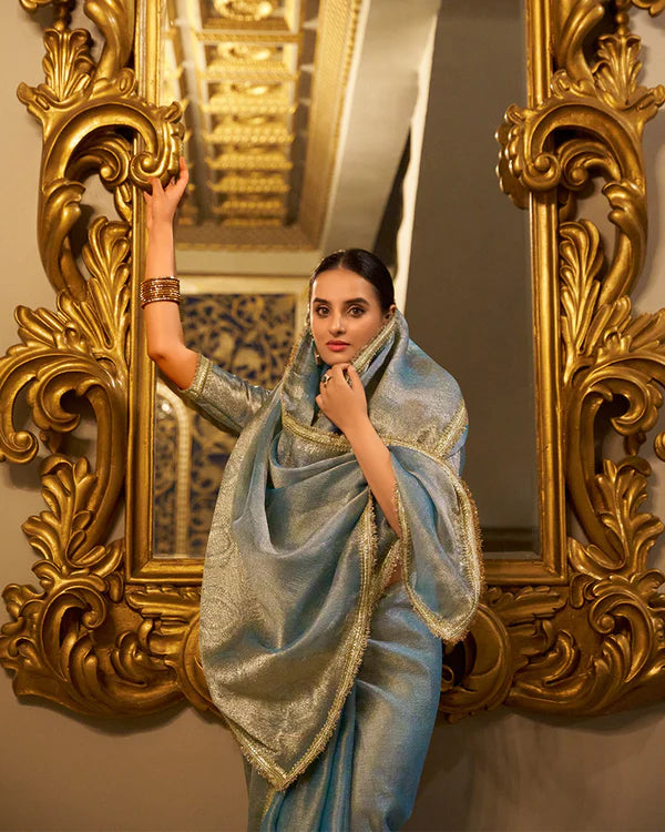 Womenline Sky Blue Color Weightless Tissue Shimmer Saree
