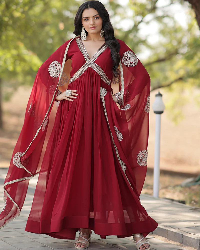 Womenline Wedding Wear Embroidered Maroon Color Alia Cut Gown With Dupatta