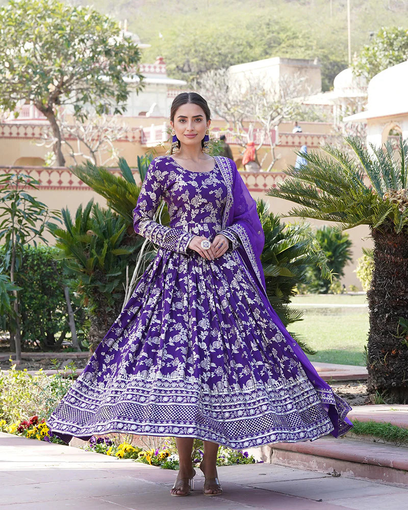 Womenline Designer Purple Color Sequence embroidered Viscose Jacquard Gown With Dupatta