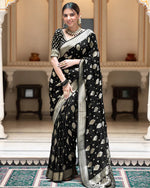 Womenline Black Color Banarasi All Over Jacquard Soft Silk Saree