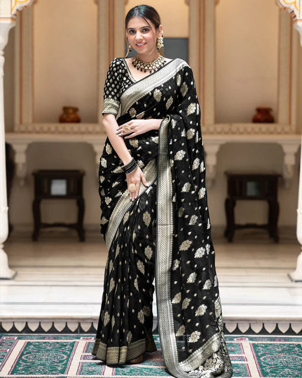 Womenline Black Color Banarasi All Over Jacquard Soft Silk Saree