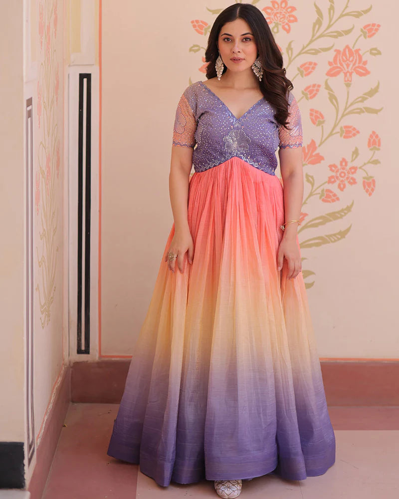 Womenline Lavender Color Gold Crush Embroidered work Gown