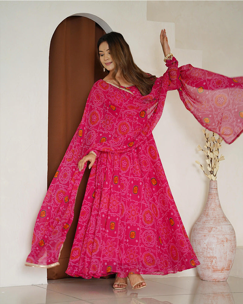 Womenline Rani Pink Color Bandhej Print Soft Chiffon Anarkali Gown