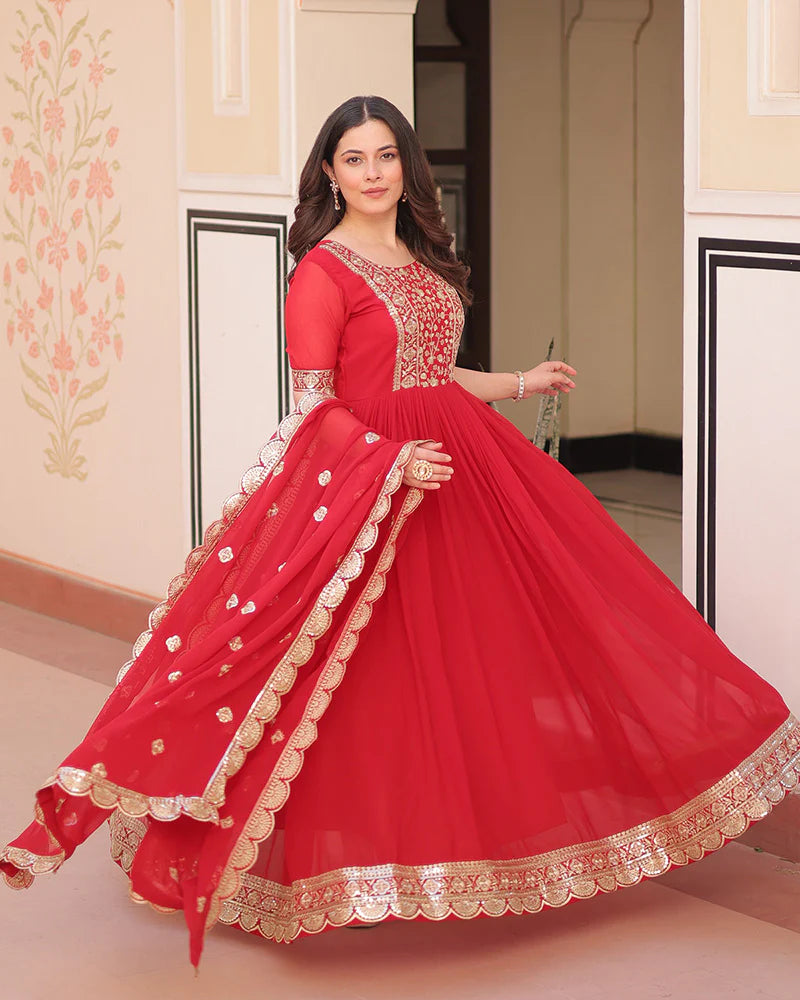 Womenline Designer Red Anarkali Gown With Golden Embroidery