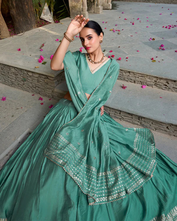 Womenline Sea Green Color Pure Chanderi Plain Navratri Half Saree
