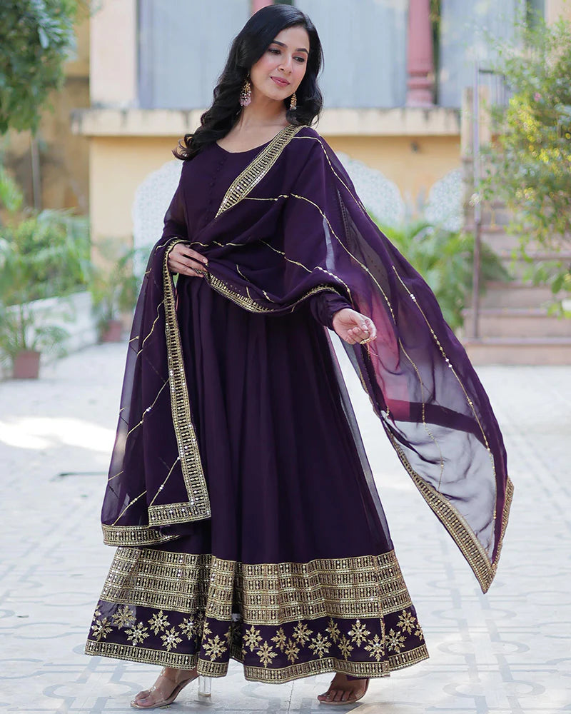 Womenline Exclusive Dark Wine Color Attractive Sequence Embroidery Work Gown