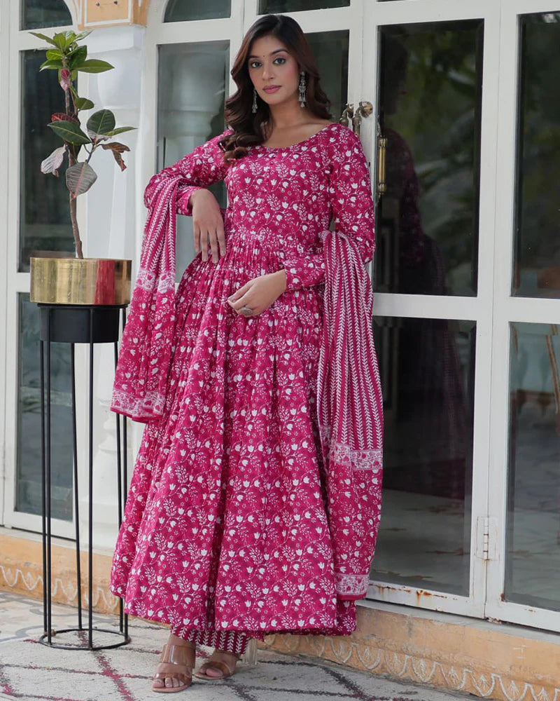 Womenline Pink Color Printed Pure Cotton Three Piece Kurti Suit