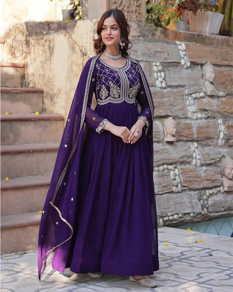 Womenline Purple Color Faux Blooming Embroidered Gown With Dupatta