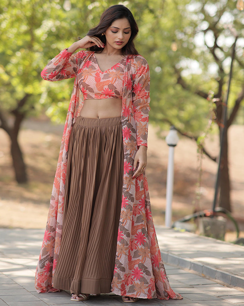 Womenline Beige Color Faux Georgette Lehenga Choli