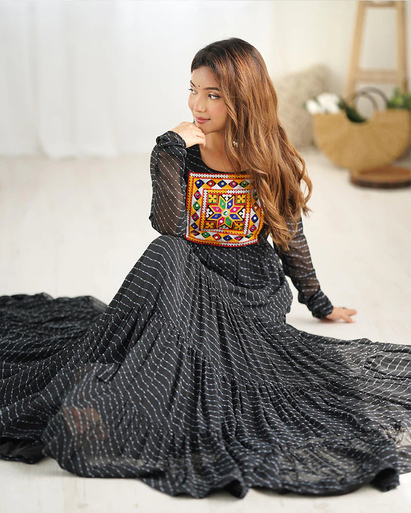 Womenline Black Color Georgette Laheriya Print Navratri Gown