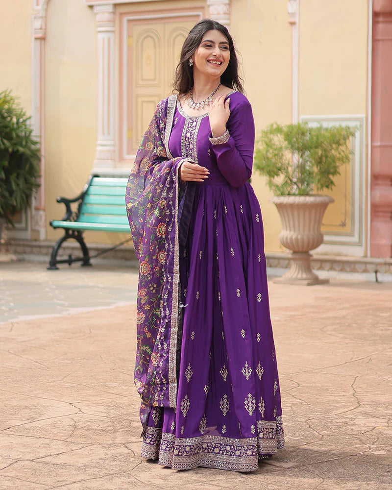 Womenline Purple Color Chinnon Sequence Embroidered Gown