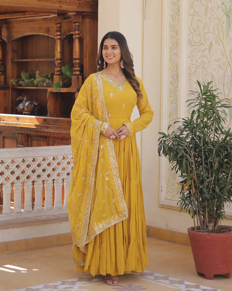 Womenline Yellow Color Faux Georgette Designer Anarkali Gown With Dupatta