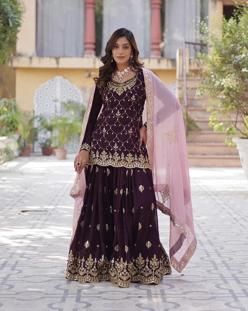 Womenline Wine Color Faux Blooming Embroidered Plazzo Suit