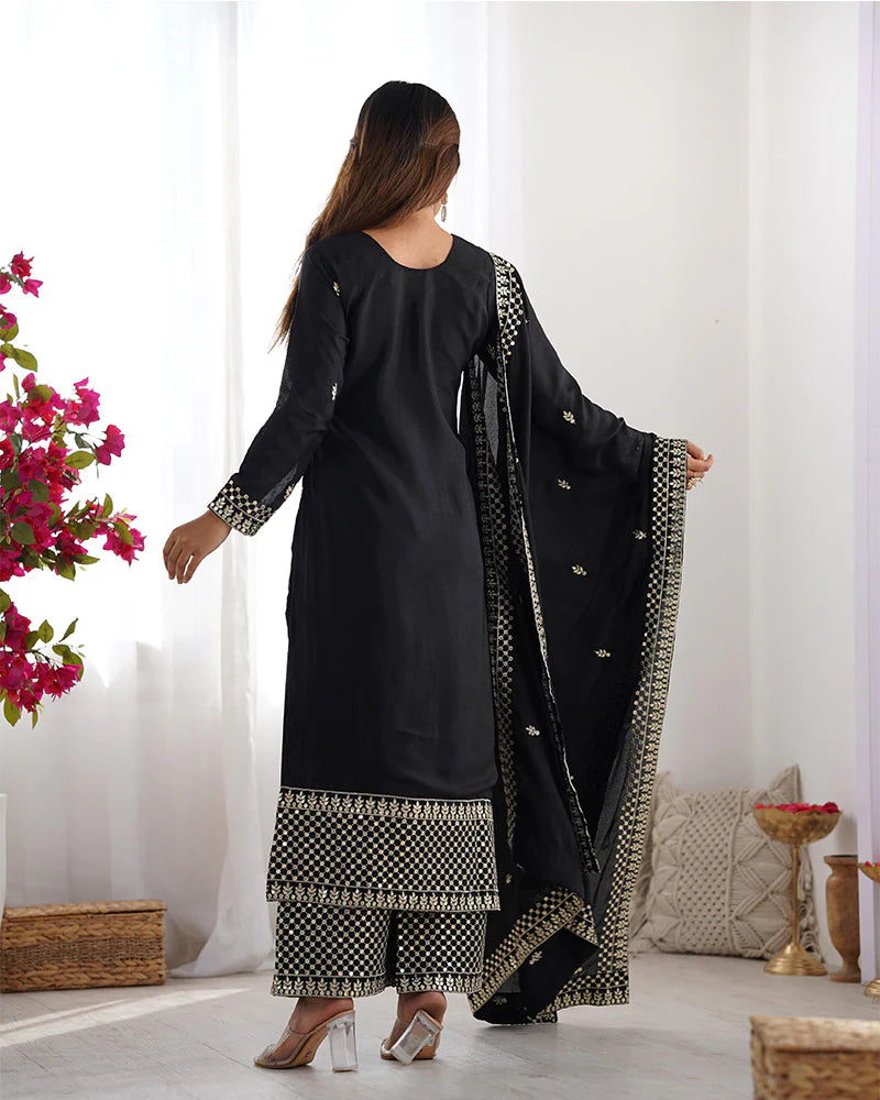 Womenline Black Color Chinon Silk Three Piece Kurti Suit