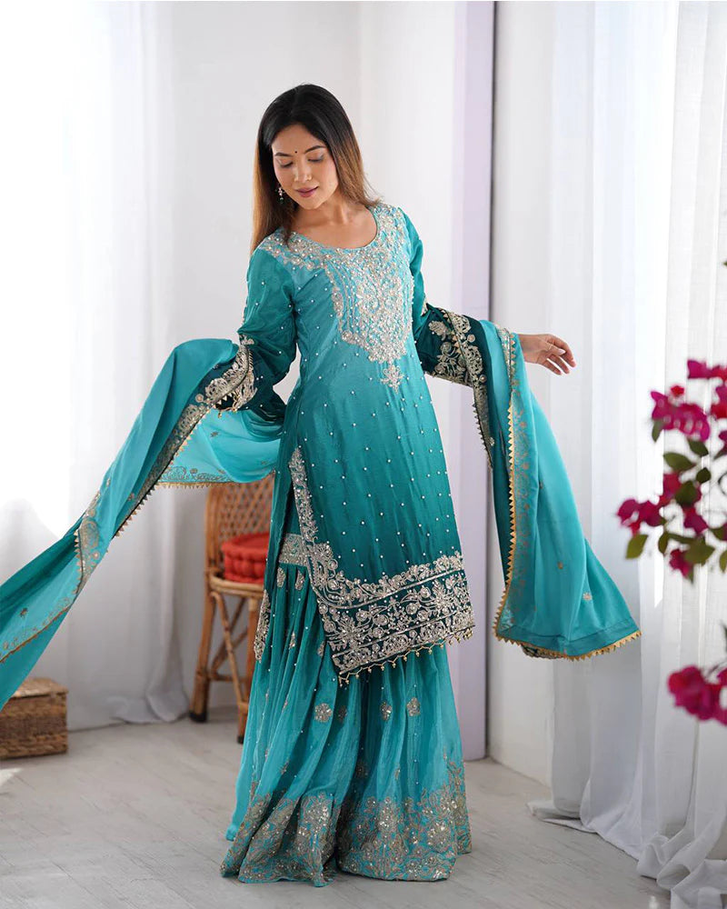 Womenline Rama Color Chinnon Sequence Work Plazzo Suit