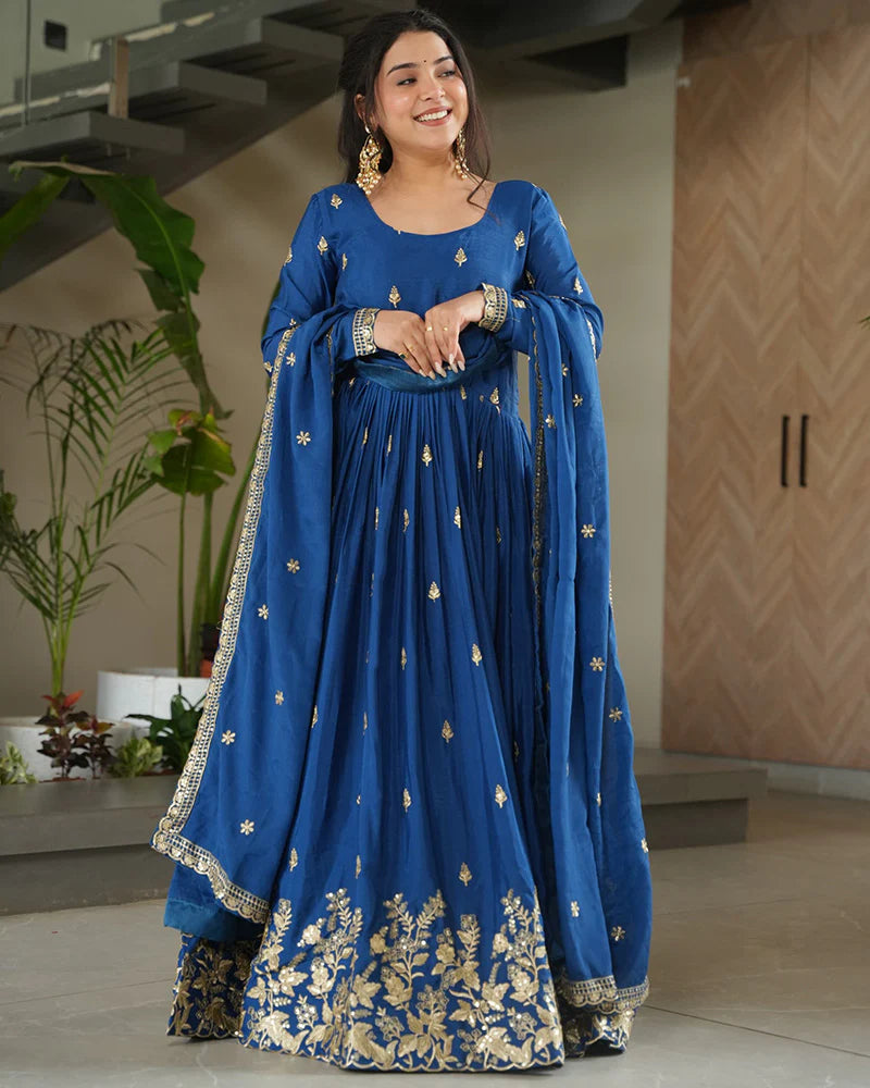 Womenline Rama Color Chinnon Sequence Embroidered Gown