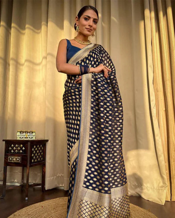 Womenline Beautiful Navy Blue Color Banarasi Jacquard Weaving Saree