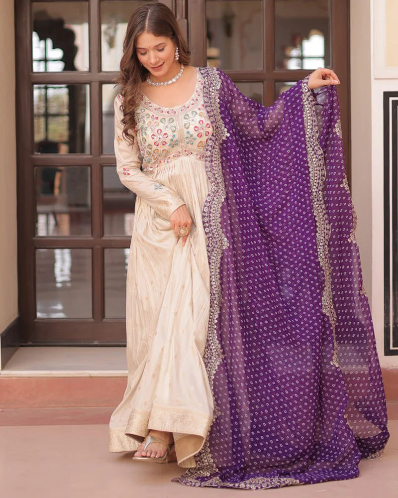 Womenline Off-White Color Jacquard Gown With Purple Dupatta