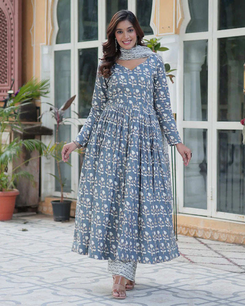 Womenline Gray Color Printed Pure Cotton Three Piece Kurti Suit