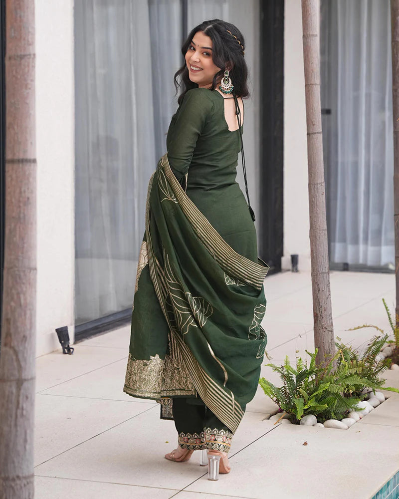 Womenline Green Color Roman Silk Embroidered Three Piece Kurti Suit