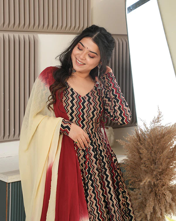 Womenline Black Color Laheriya Printed Pure Cotton Anarkali Suit