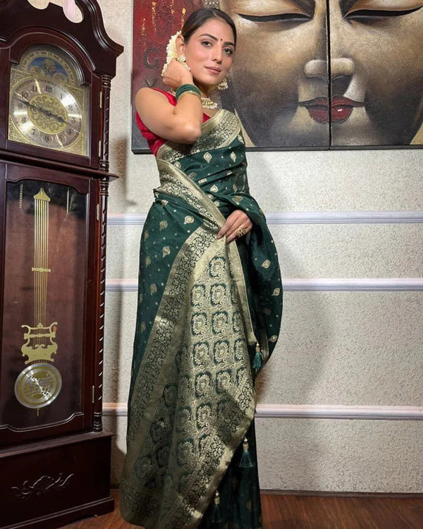 Womenline Green Color Small Butti Design Banarasi Soft Silk Saree