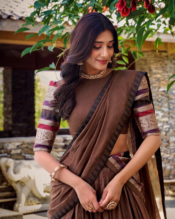 Womenline Brown Color Pure Chanderi Plain Half Saree