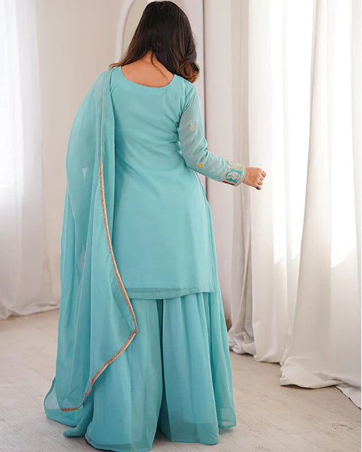 Womenline Sky Blue Color Pure Soft Crunchy Silk Sharara Suit