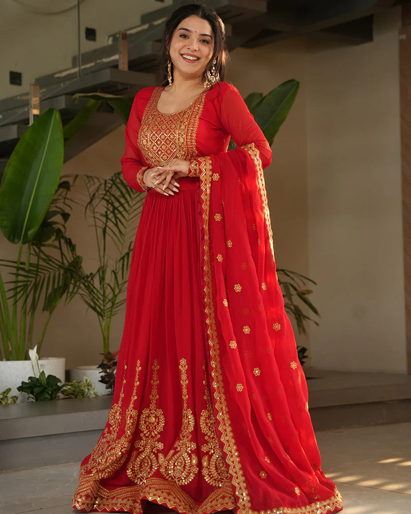 Womenline Red Color Faux Blooming Embroidered Gown