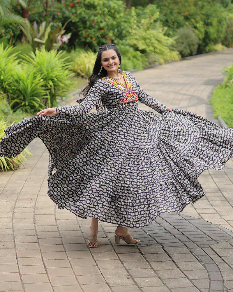 Womenline Black Color Cotton Gamthi Work Navratri Gown