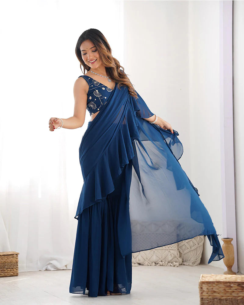 Womenline Teal Blue Color Faux Georgette Fancy Sharara Saree