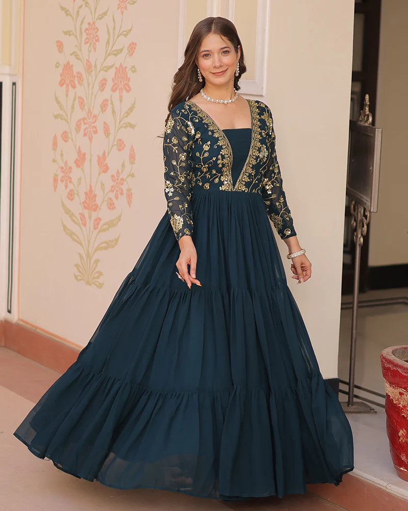 Womenline Elegant Rama Floor-Length Gown With Golden Threadwork