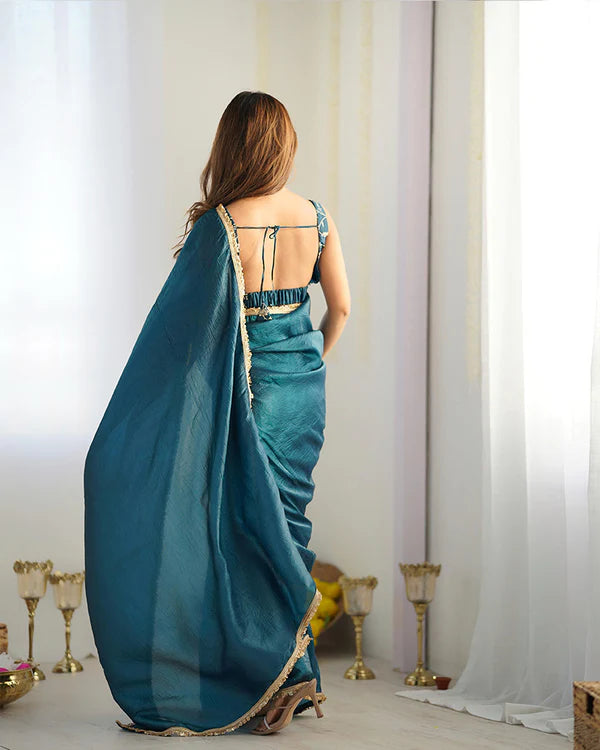 Womenline Teal Blue Color Tissue Silk Saree