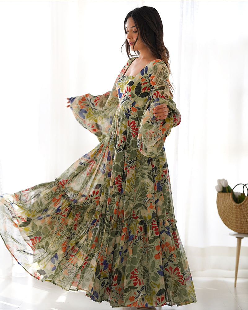 Womenline Maxi Style Pista Color Faux Georgette Gown With Balloon Sleeves