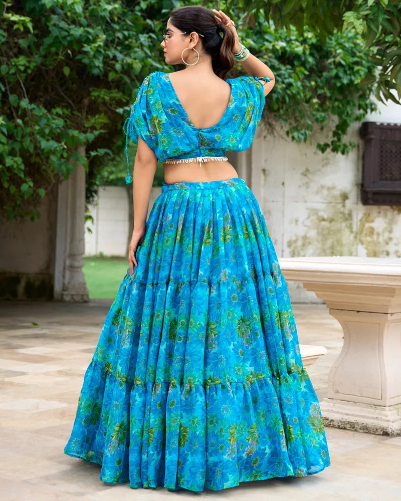 Womenline Sky Blue Color Chiffon Printed Crop Top Lehenga Choli