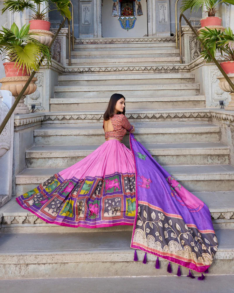 Womenline Peach Color Tussar Silk Kalamkari Printed Lehenga Choli