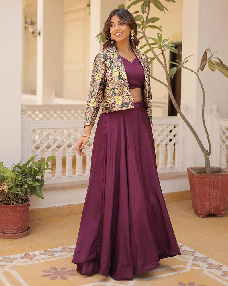 Womenline Wine Color Pure Chinnon Lehenga Choli