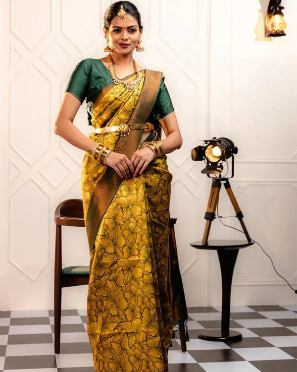 Womenline Yellow Color Banarasi Jacquard Soft Silk Saree