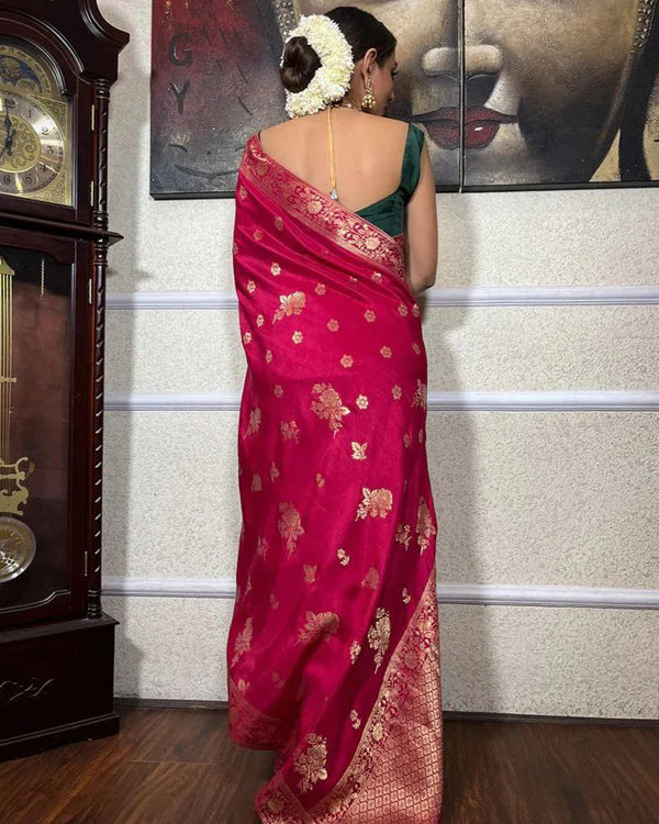 Womenline Rani Pink Color Big Flower Design Banarasi Soft Silk Saree
