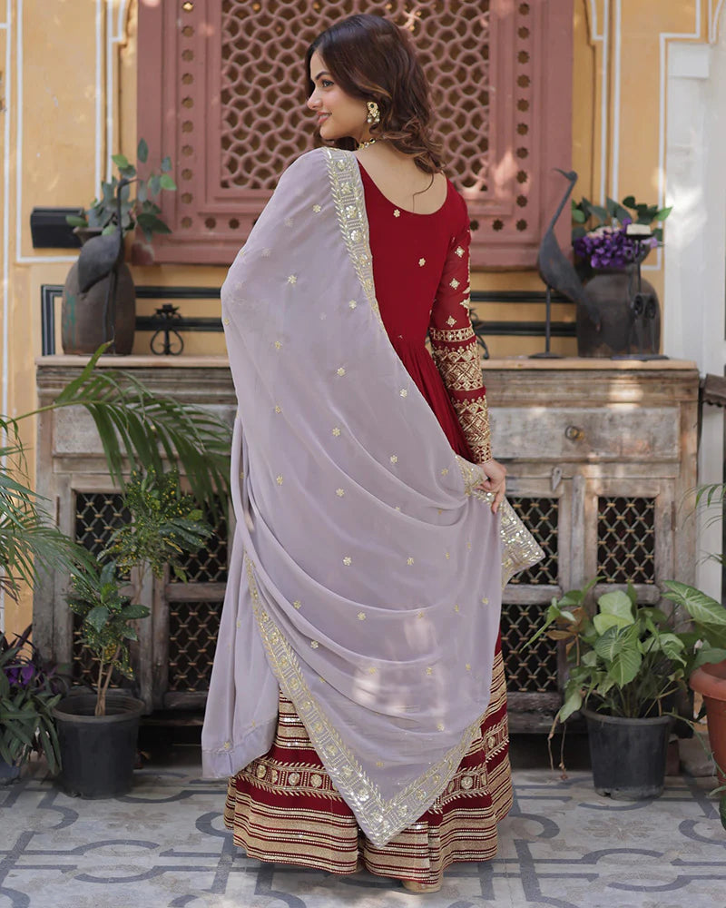 Womenline Rusty Red Color Faux Blooming Zari Embroidered Work Gown