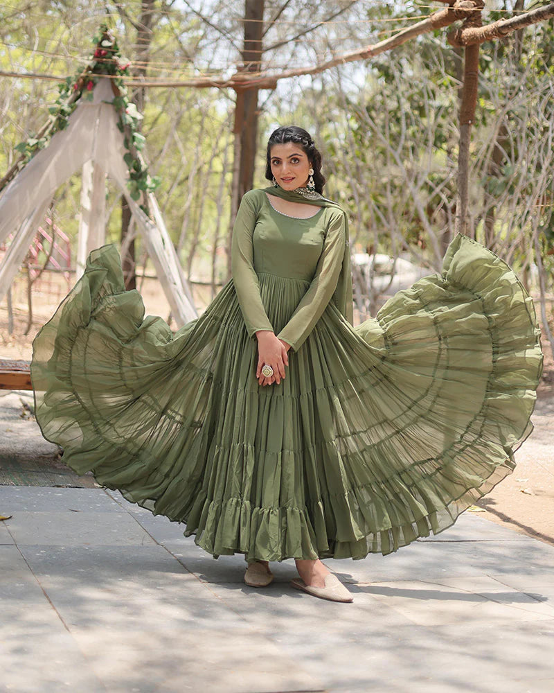 Womenline Mehndi Color Designer Embroidered Gown With Dupatta