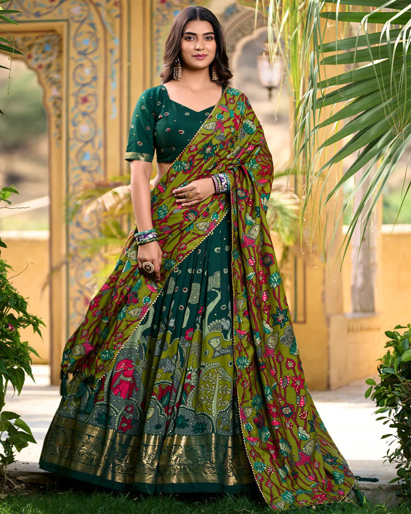 Womenline Green Color Tussar Silk Kalamkari Printed Navratri Lehenga Choli