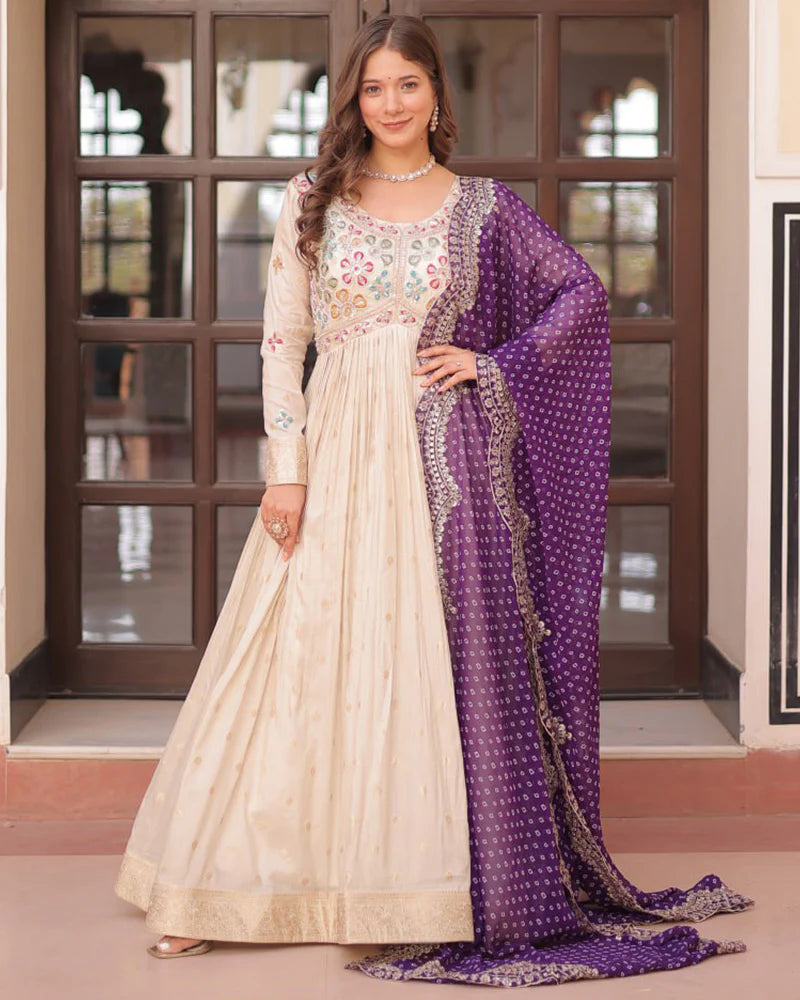 Womenline Off-White Color Jacquard Gown With Purple Dupatta